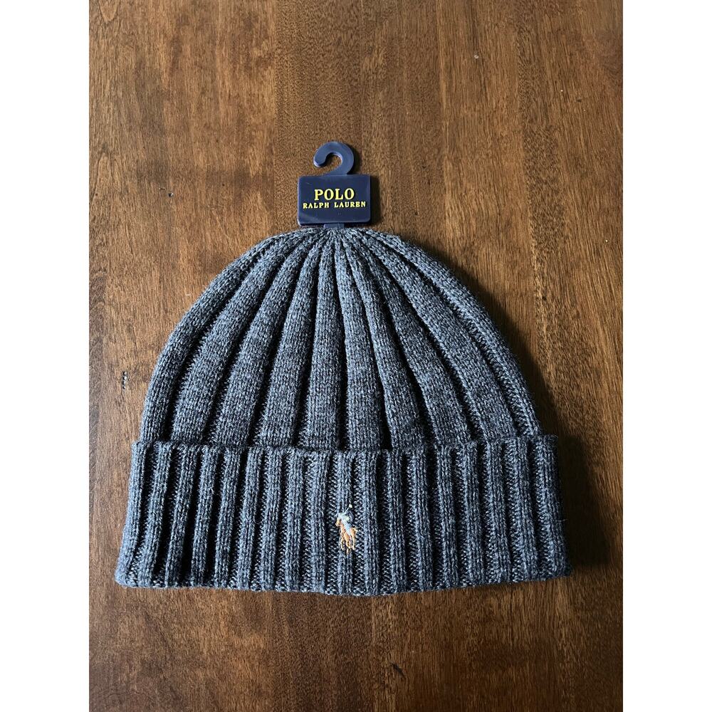 Polo Ralph Lauren Beanie Mens Charcoal Flesh Pony Wool Blend Rib Knit Cuff NEW